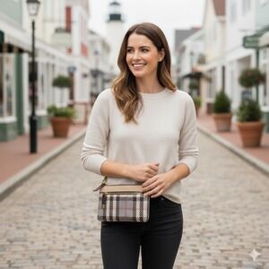 Spartina 449 Wymberly Plaid Clutch Wristlet Purse Tan Gray Leather Material‎